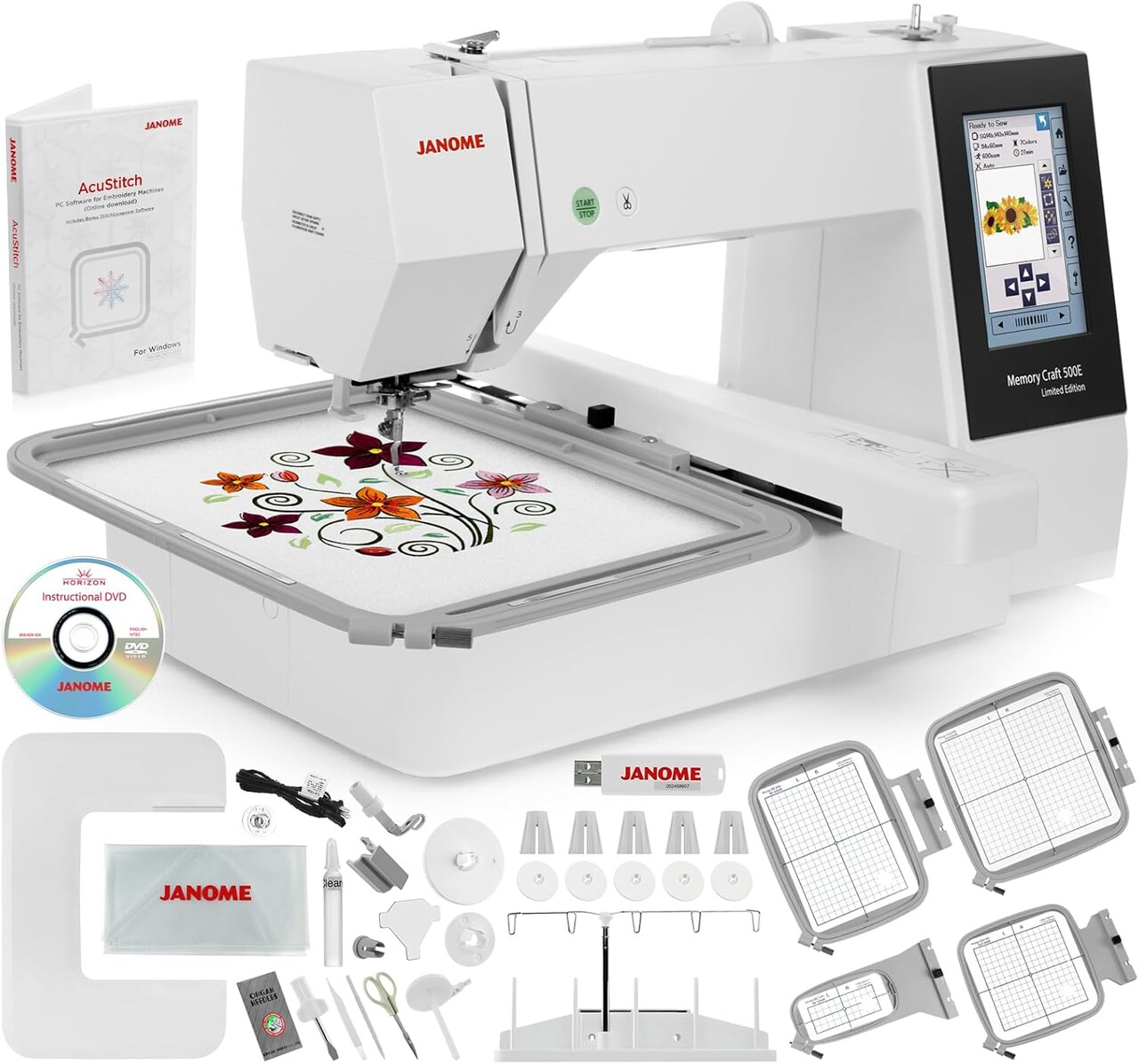 Janome Memory Craft 500e LE Embroidery Machine Bundle - Includes Genuine 5-Spool Thread Stand, Janome 3.9" x 1.6" Hoop, Acustitch Software + Janome USB Flash Drive w/ 30 Embroidery Designs